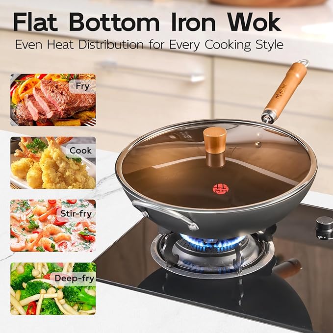 WANGYUANJI 12.6" Carbon Steel Wok with Glass Lid, Traditional Uncoated Flat Bottom Stir Fry Pan for Induction & Gas, Heavy Duty Chinese Chef Wok with Cleaning Accessories (32cm)