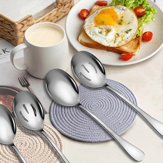 4 Piece Stainless Steel Serving Spoons Set, 10-Inch, Includes 2 Large, 2 Slotted, for Parties/Kitchen/Buffet/Catering, Dishwasher Safe