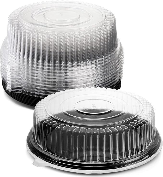 Frcctre 12 Pack 12 Inch Plastic Serving Tray with Lid, Disposable Plastic Food Serving Platters with Clear Dome Lids, Stackable Round Trays for Party, Takeout Food, Catering, Picnic