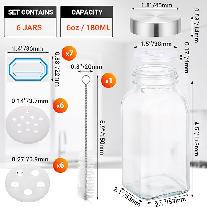 Segarty 6oz Spice Jar with with Wood Lids, 6 Pack 180ml Square Jars with Labels, Clear Empty Seasoning Containers Glass Cereal Containers Storage Set, Large Spice Bottles with 7 Stickers and 1 Brush