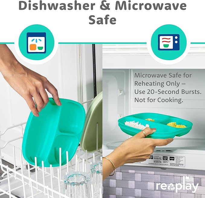 Re-Play Toddler Plates with Dividers - Deep-Walled 3 Compartments Divided Plates for Kids - Dishwasher & Microwave Safe - Made in USA - Set of 3-7.37" x 7.37" x 1.25" - Mermaid