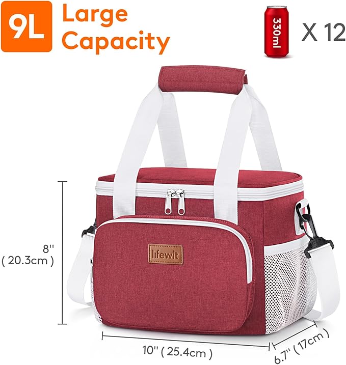 Lifewit Medium Lunch Bag Insulated Lunch Box Soft Cooler Cooling Tote for Adult Men Women, White and Red12-Can (9L)
