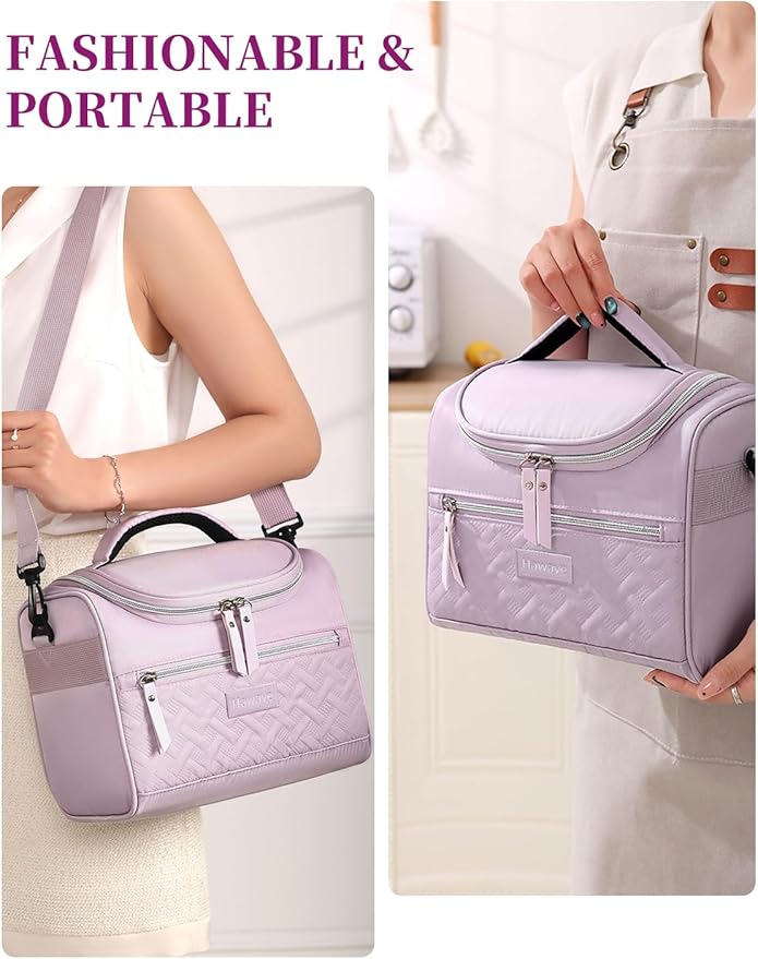Lunch Bag for Women Insulated Lunch Box Reusable Adult Lunch Cooler Bag with Front Pocket & Adjustable Shoulder Strap, Leakproof Large Lunch Tote Bag for Work Office Travel Picnic, Purple
