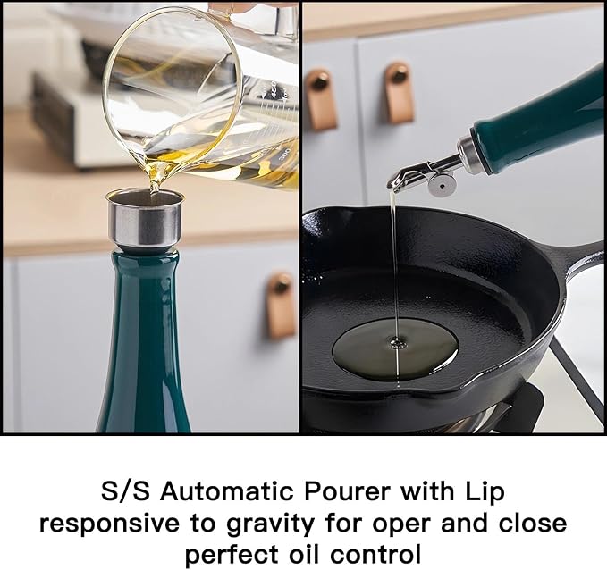 YOLIFE Olive Oil Dispenser Bottle, 16oz Ceramic Oil Dispenser for Kitchen, Oil Bottle with Gravity Spout, Leak Proof EVOO Dispensing Bottle with 2 Spouts and 1 Funnel for Vinegar, Juice(Green)