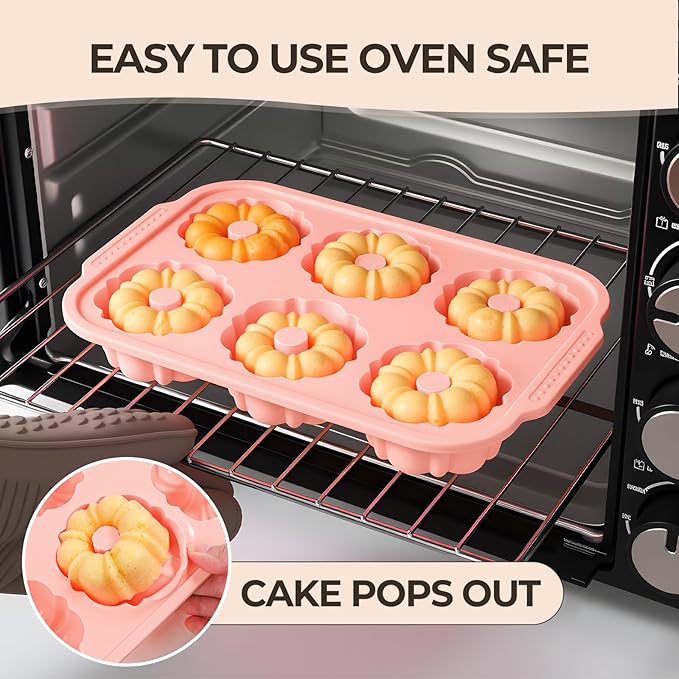 FUNBAKY Mini Fluted Tube Cake Pans for Baking with Metal Reinforced Frame, 2Pcs Silicone 6-Cavity Mini Flan Molds, Nonstick Baking Mold for Cupcake, Brownie, Donuts, Cornbread, Jello