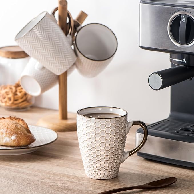 Ceramic Coffee Mug Set - 16 Oz Large Coffee Mugs - Embossed Stoneware Cups with Handle for Latte Tea Cappuccino Cocoa - Microwave Dishwasher Safe - Set of 4 - flower Pattern