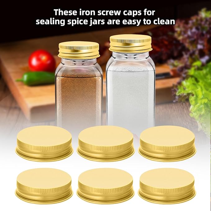 48 Pcs iron Jar Lids Lids for 4 oz and 6 oz Square Spice Jars Reusable Can Airtight Spice Storage Canning Lids for Nice Sealing Kitchen (Gold)