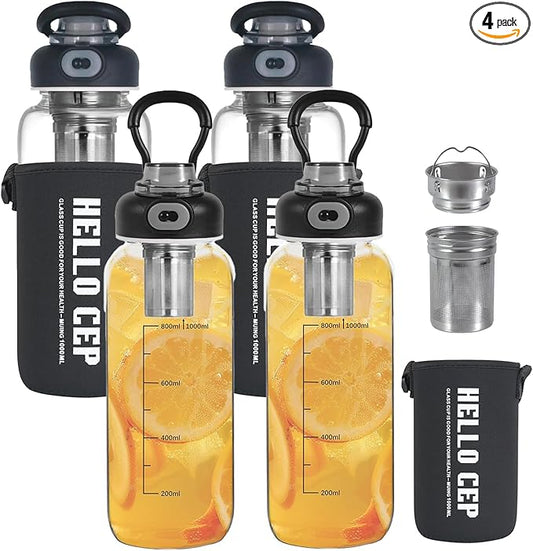 34oz Glass Water Bottle with capacity Mark & Stainless Steel Tea Strainer-Large Capacity for Hot/Cold Drinks,Coffee,Tea,and Water-Includes Protective Sleeve,Perfect for Home,Office (34oz4PCS)