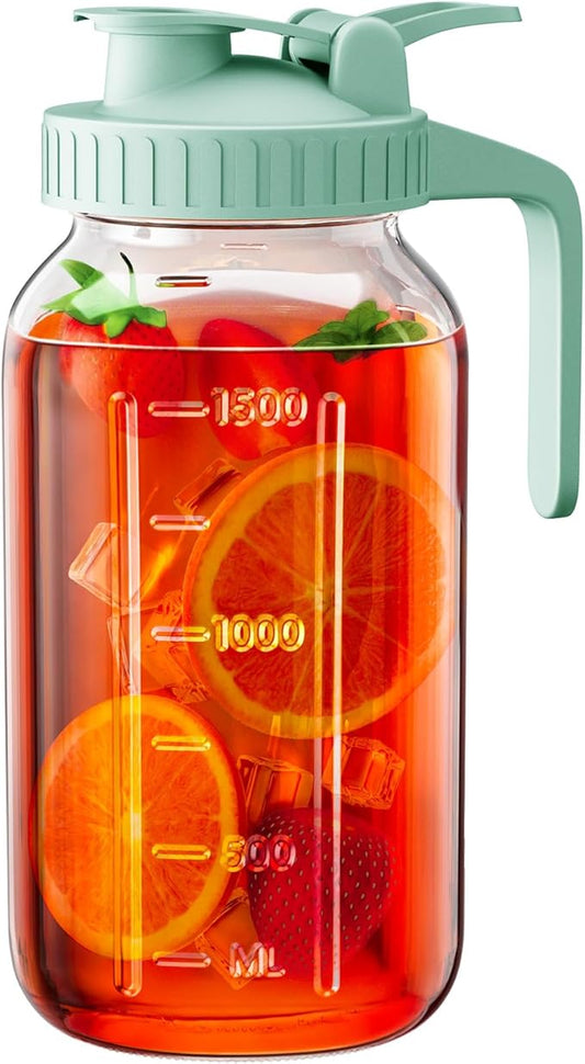 64 oz Glass Pitcher with Lid, Large Wide Mouth Mason Jar with Pour Spout, Green Sun Tea Glass Jar for Outside, Drink Pitcher Great for Drink, Cold Beverages and Breast Milk