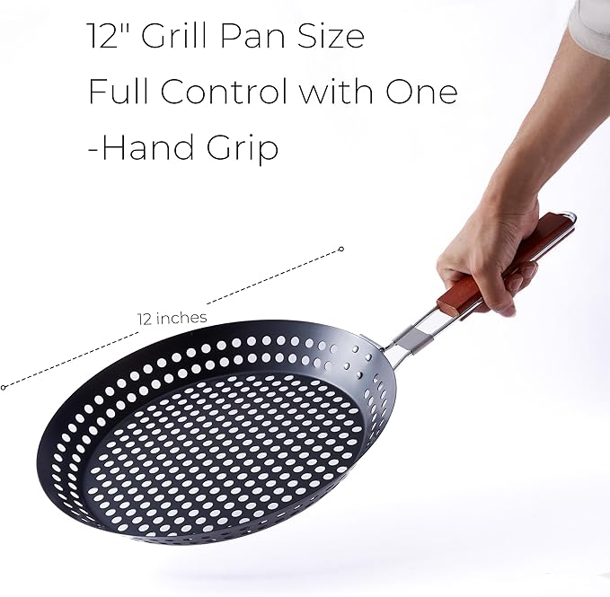 12-Inch Kozmatik Grill Pan Stovetop Turkish - Black Non-Stick Carbon Steel Grill Basket Vegetable with Handle | Vegetable Charring Pan for Stovetop & Grill