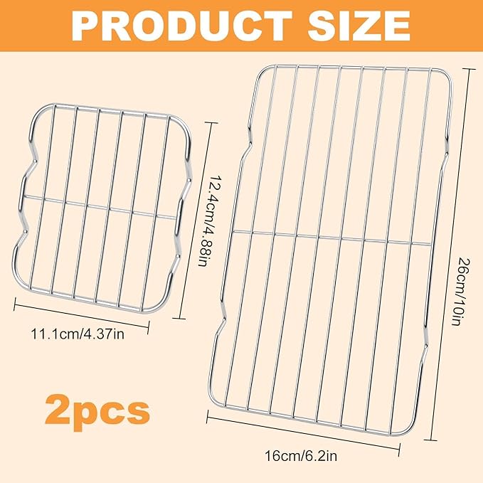 Compact Toaster Oven Rack 2-Pack, 10x6.2" & 5x4.4" Stainless Steel Baking Rack, Small Tiny Wire Cooling Rack for Baking Sheet, Heavy Duty Cooling Racks for Meat, Bacon, Sausage, Dishwasher Safe