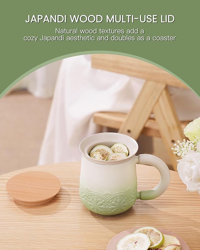 ZENS Tea Mug with Infuser and Lid, 11 oz Embossed Ceramic Loose Leaf Tea Steeper Cup, Wood Lid & Fine Strainers, Loose Tea Diffusers for Tea Lovers Gifts, Pale Green