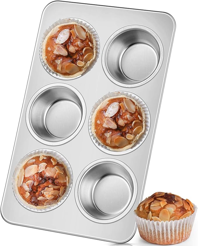 Leonyo 6-Cup Cupcake Pan, Stainless Steel Standard Size Cupcake Pans Tray for Baking, Metal Non-Toxic Muffin Tins, Dishwasher Oven Safe