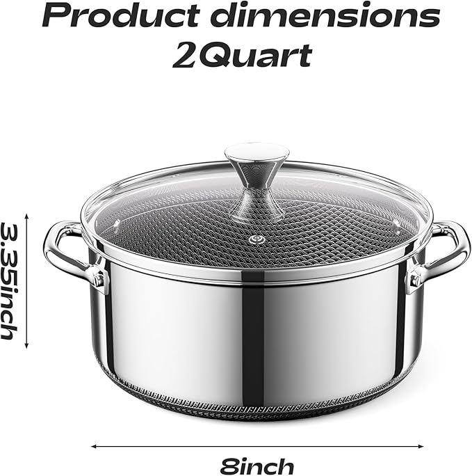 Hybrid Nonstick 2-Quart Stockpot,8 Inch Stainless Steel Stockpot with Glass Lid,PFAS PFOA PTFE Free, Dishwasher-Friendly, Oven-Safe Up to 600°F,Non-stick Soup Pot Compatible with All Cooktops