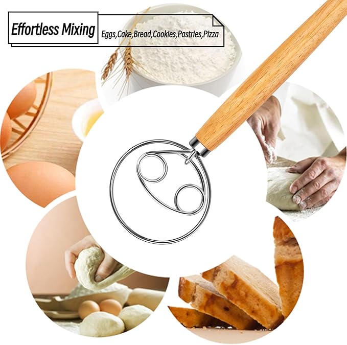 Danish Dough Whisk Stainless Steel with Dough Hook & Wooden Handle for Sourdough Bread Baking and Dough Mixing