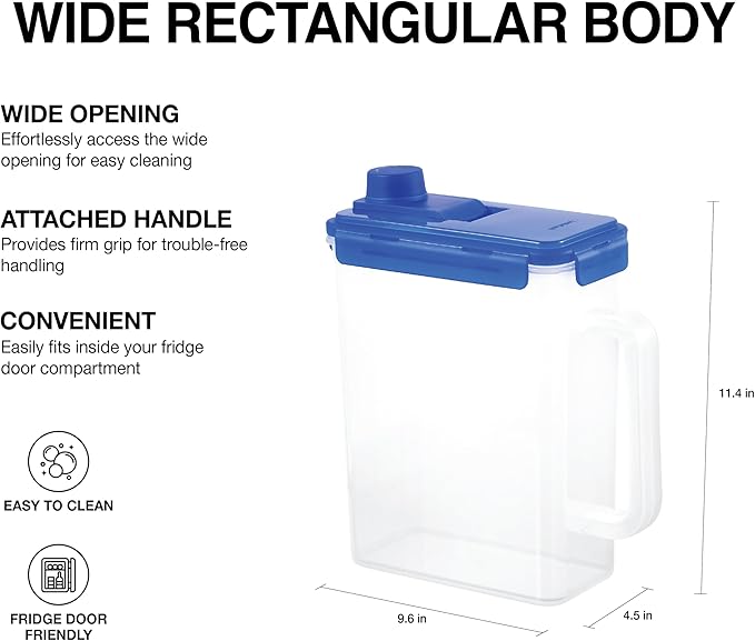LocknLock Aqua Fridge Door Water Jug with Handle BPA Free Plastic Pitcher with Screw Top Lid Perfect for Making Teas and Juices, 1 Gallon, Blue