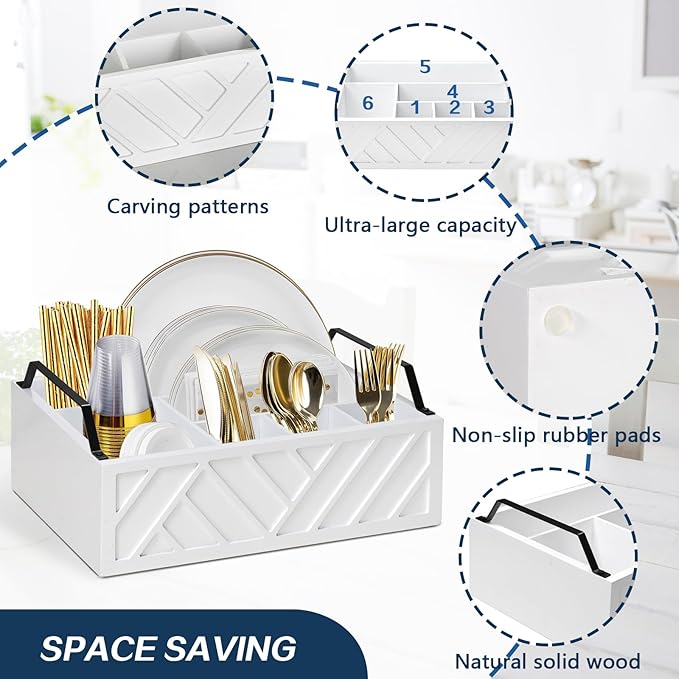 Paper Plate Dispenser and Holder for Kitchen Counter, Wood Rustic Silverware Utensil Caddy, Cutlery Flatware Organizer Box for Cups Spoons Forks Napkins, Kitchen Accessories