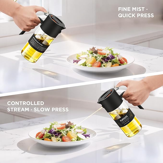 2Pcs 17oz Premium Olive Oil Sprayer for Cooking, 2 in 1 Glass Olive Oil Dispenser Bottle for Kitchen Gadgets, Spray Bottle with Portion Control for Salad, Frying, BBQ (Black & Blue)