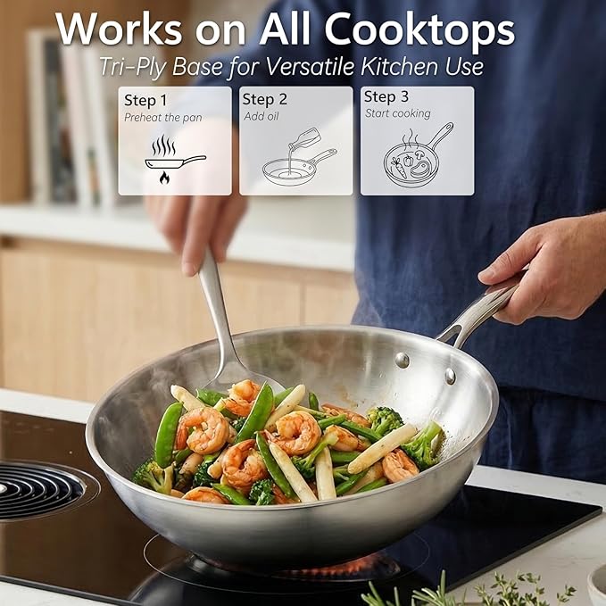 WANGYUANJI 4.2 QT Tri-Ply Stainless Steel Wok Pan with Lid, 12" Flat Bottom Stir Fry Skillet for Asian Cuisine, Premium 18/10 Induction Cookware for 3-4 Servings, Oven Safe
