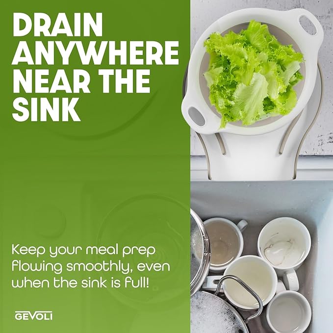 2-in-1 Large Collapsible Colander with Self-draining Base Set - Plastic Side Drain Food strainer for Edge of Kitchen Sink (Beige)