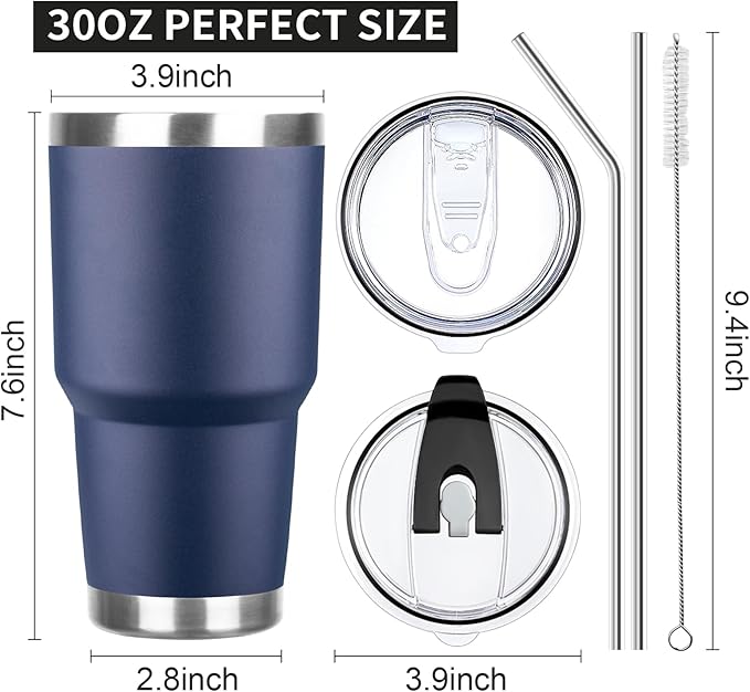 30 oz Tumbler with Lids and Straws Double Wall Vacuum Insulated Tumbler Cup,Stainless Steel Leak-proof Thermal Tumbler Powder Coated Travel Coffee Mug for Cold and Hot Drinks,Navy Blue