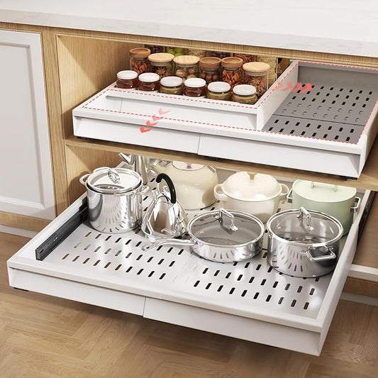 2 Pack Pull Out Cabinet Organizer With Raising Pad for Framed Cabinets,Expandable Width (15"-25") and Depth (17"-24"),3 Slide Rails Slide Out Drawers with Handle,No-Drill Roll Out Shelf,White