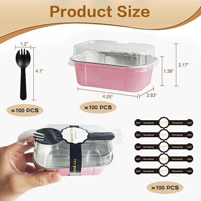 Mini Cake Pans With Lids And Spoons,5.5 oz Rectangle Mini individual Loaf Pans Disposable Aluminum Foil Small Baking Cups Tins (100, Pink)