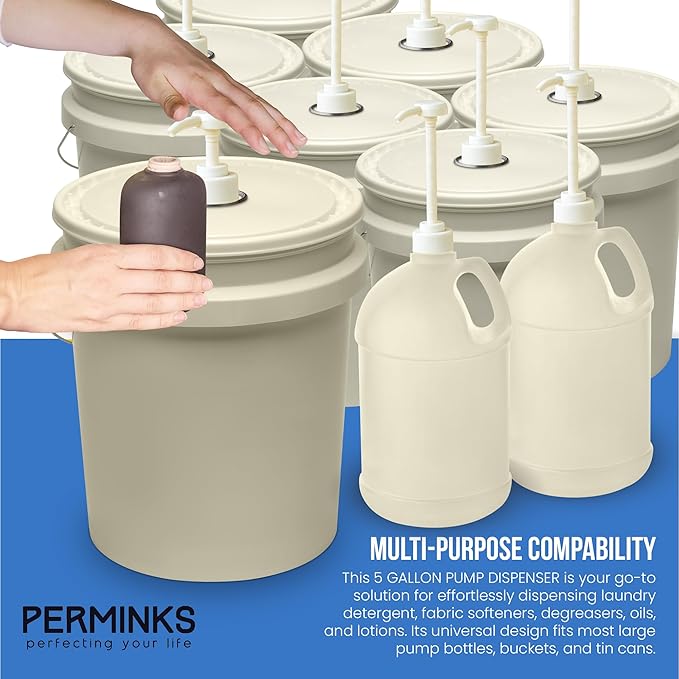 5 Gallon Pump Dispenser - Pump for 5 Gallon Bucket, Jug, Bottle, Large Container - Great for Shampoo & Conditioner, Laundry Detergent, Snow Cone Syrup, Bleach Liquid, Oil & More (Pack of 12)