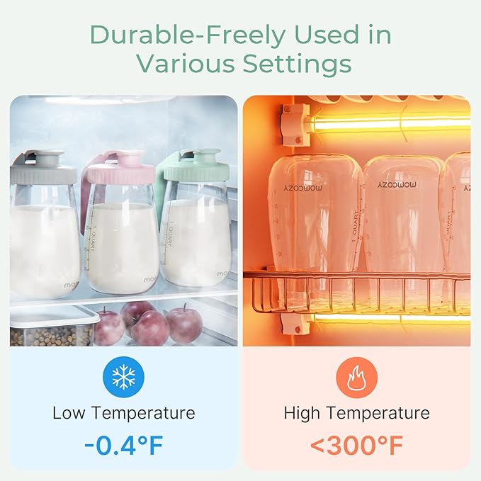 Momcozy Breast Milk Pitcher, Resistant to Heat and Cold Abrupt Temp Swings, No Leak Glass Breast Milk Fridge Storage Container with Wide Mouth, Fast Baby Formula Maker, Breastfeeding Essentials, Grey