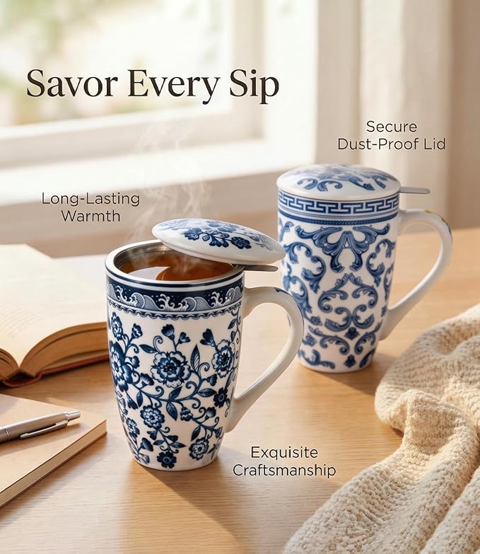 AmorArc Porcelain Tea Mug with Infuser and Lid – 18oz Loose Leaf Tea Cup with Handle, Gift for Tea Lovers (Men & Women)