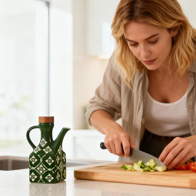 8.5 oz Green Ceramic Olive Oil Dispenser Bottle Decorative Olive Oil Dispenser Bottle with Handle & Wooden Stopper Relief Opaque Ceramic Oil Cruet for Kitchen Cooking Oil Vinegar