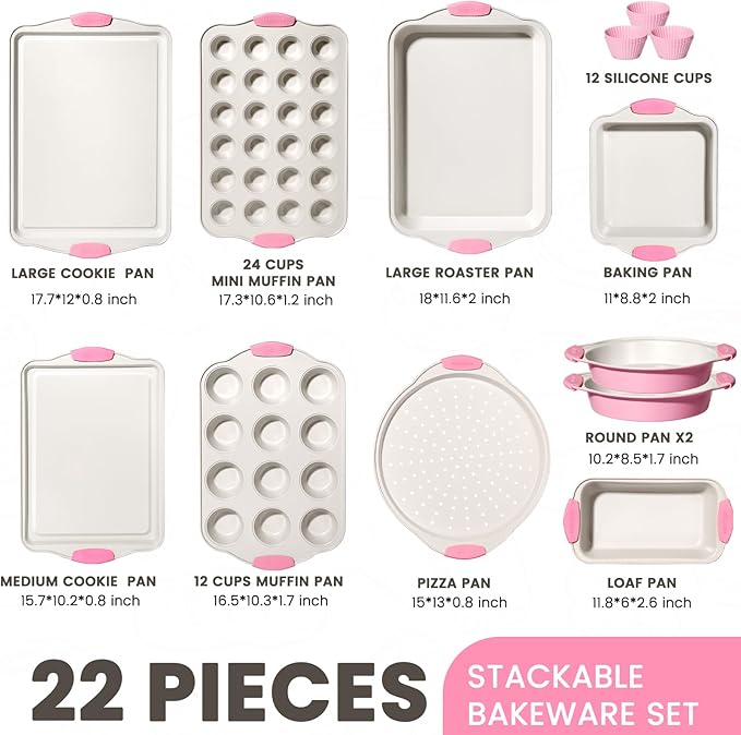 Kikcoin 22 PCS Nonstick Baking Pans Set, Stackable Bakeware Sets with Silicone Handles, 450°F Oven Safe Baking Sheet Set, Easy Release Cookie Sheets for Baking, Pink