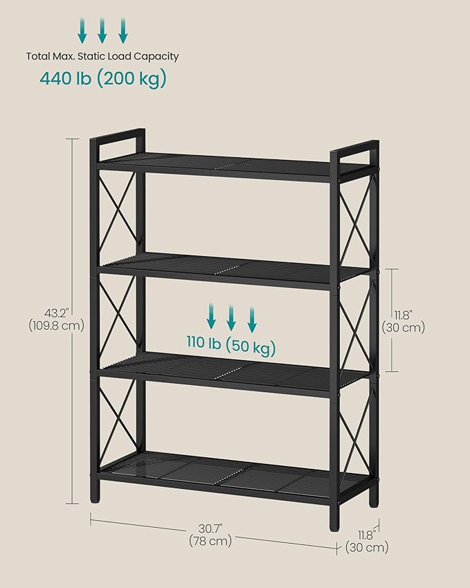 SONGMICS 4-Tier Metal Storage Rack, Shelving Unit with X Side Frames, Dense Mesh, 12.6 x 31.5 x 44.3 Inches, for Entryway, Kitchen, Living Room, Bathroom, Industrial Style, Ink Black UBSC184B01