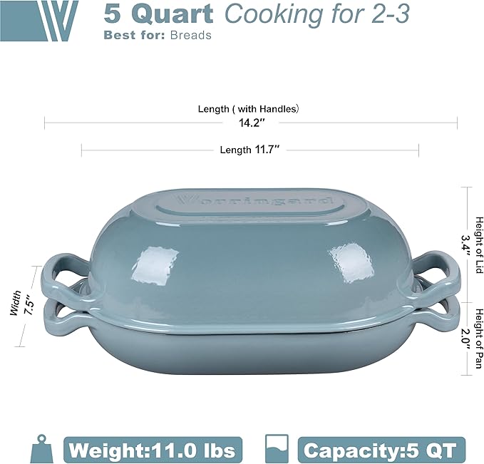 Enameled Cast Iron Sourdough Bread Oven, Dutch Oven, Loaf Cast Iron Bread Pan for Homemade Bread Baking, Meatloaf Pan with Lid, 5QT, Sea Salt