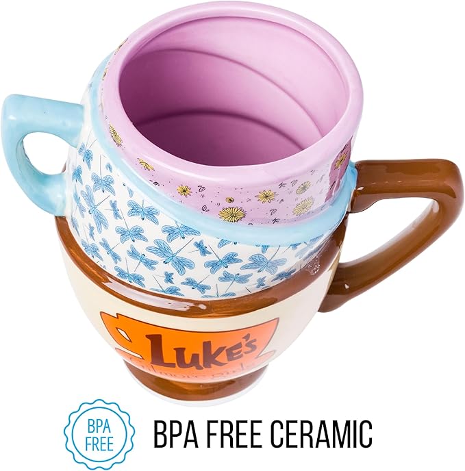 Silver Buffalo Gilmore Girls Stars Hollow Destination Locations: Luke’s Diner, Doose’s Market, and Dragonfly Inn Ceramic 3D Sculpted Stacked Teacup Mug, 20 Ounces