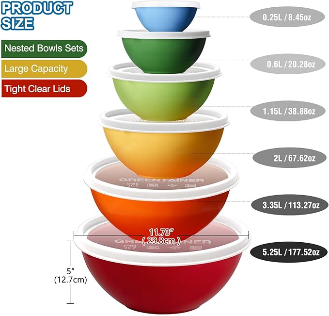 6-Piece Plastic Mixing Bowls Set with Airtight Lids, Nesting Bowls for Space Saving, TPR Sealed & PP5 Leak-Proof Lids, for Baking, Prepping & Serving, Dishwasher Safe (Rose Red)