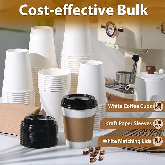 500 Pack 12 oz Disposable Coffee Cups with Lids and Insulated Sleeves, Leak-free Paper and Sturdy Thick Paper Hot to Go Coffee Cups with Lids for Cold/Hot Beverage (White)