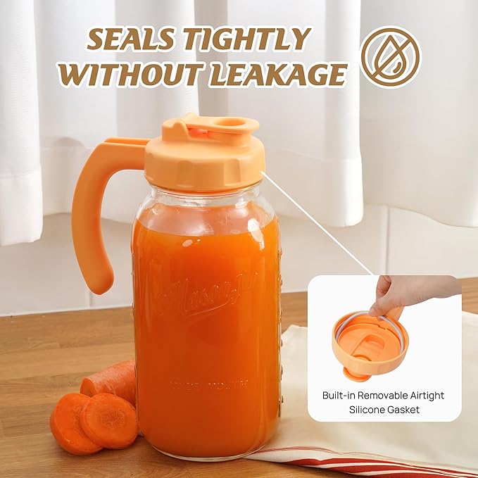 Soligt Glass Mason Jar Pitcher with Lid, Wide Mouth Flip Cap Pour Spout Leak-proof Lid with Handle, 64 oz (2 Quart / 1.9 Liter), for Iced Coffee/Sun Tea Juice/Cold Brew Coffee (1Pack, Carrot Orange)