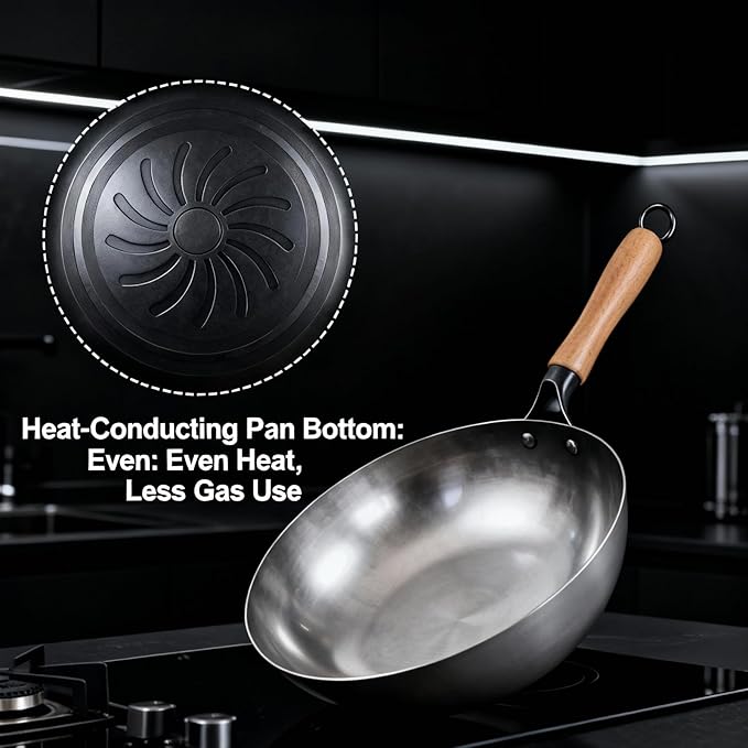 Calmabode 13" Pre-Seasoned Round Bottom Carbon Steel Wok with Lid - Hand-Forged Commercial Grade Chinese Wok for Gas Stovetops, Fast Even Heating, Toxin-Free Cooking