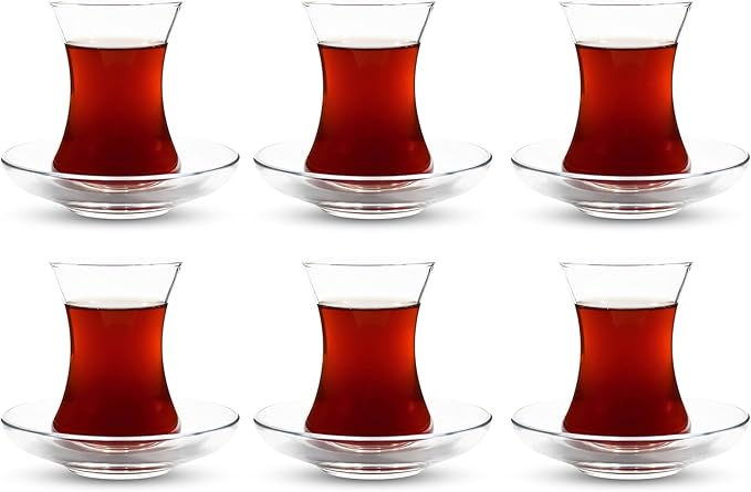 ums Turkish Tea Glass Set - Slim Waist Design and Thick Sole Prevent the Tea From Getting Cold, 6 Saucers 6 Glasses, Coffee Glasses, Useful Tea Set, Set of 12