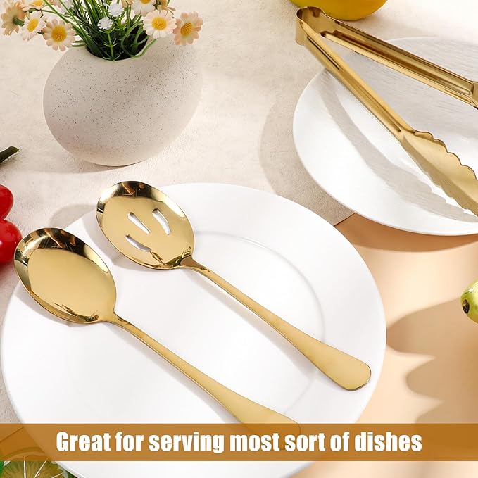 12 PCS Gold Stainless Steel Serving Utensils, Large Serving Spoons Slotted Spoons Servings Tongs Appetizer Tongs Polished Gold Servings Utensils Set for Buffet Catering Banquet Party