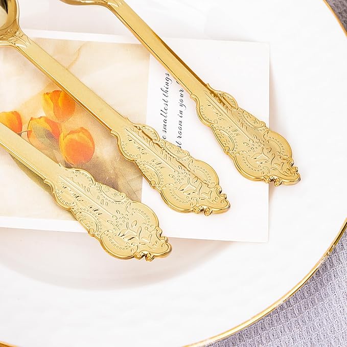 WDF 100 Piece Gold Plastic Spoons Disposable - 6.93 Inch Baroque Gold Spoons Plastic Silverware for Dessert Cake - Heavy Duty for Party Wedding Daily Using Baby Shower Spring