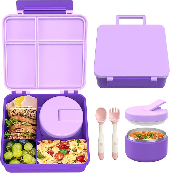 Bento Lunch Box Kids with 8oz Soup Thermo, Leak-Proof Lunch Containers with 4 Compartment, Thermo Hot Food Jar and Insulated Lunch Box for School Purple