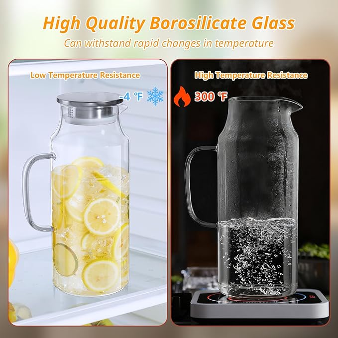 2 Liter 68 oz Glass Pitcher with Lid and Handle, Glass Carafe for Fridge, Water Pitcher for Hot/Cold Water, Large Jug for Iced Tea, Coffee, Juice and Homemade Beverage