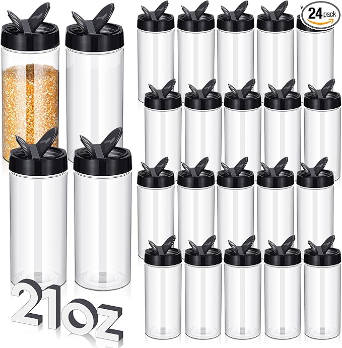 Zhehao 24 Pieces Plastic Spice Containers Plastic Spice Bottles Clear Reusable Large Empty Seasoning Jars with Shaker Lids for Kitchen Storage Seasoning Powder Herbs(21 oz,Cylinder,Clear and Black)