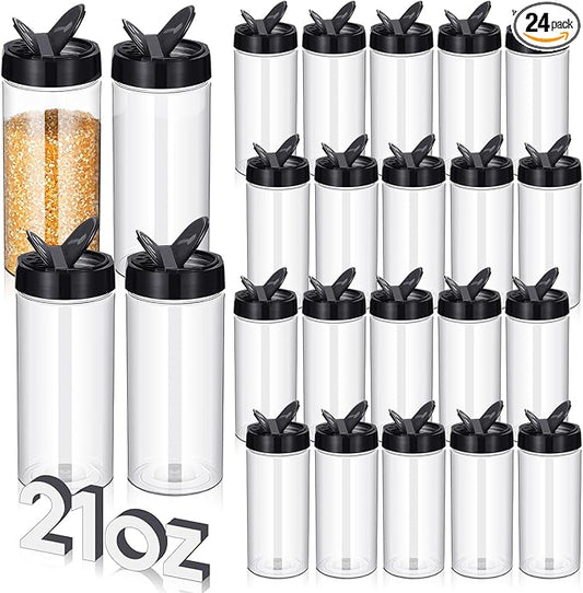 Zhehao 24 Pieces Plastic Spice Containers Plastic Spice Bottles Clear Reusable Large Empty Seasoning Jars with Shaker Lids for Kitchen Storage Seasoning Powder Herbs(21 oz,Cylinder,Clear and Black)