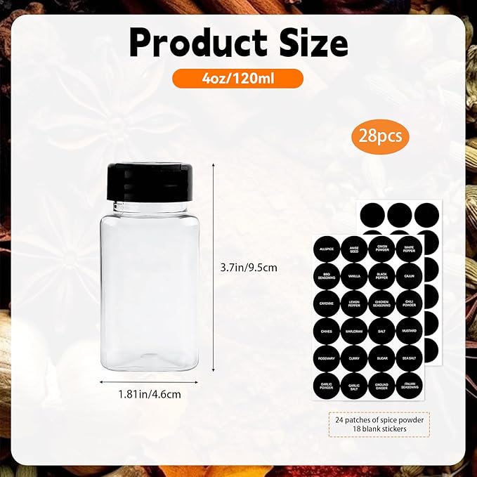 28 Pcs 4 oz Small Plastic Spice Jars with Black Cap,Square Plastic Bottle Containers with Lid and Stickers,Empty Seasoning Bottles Clear Spice Shaker for Kitchen Organization