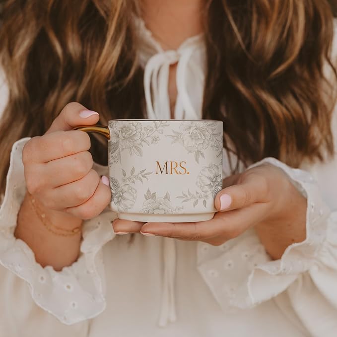 Sweet Water Decor Mrs Mug, 14oz Fine Bone China Coffee Cup with Gold Handle and Grey Delft Pattern, Bridal Shower Gift for Wedding Bride, Engagement & Newlyweds
