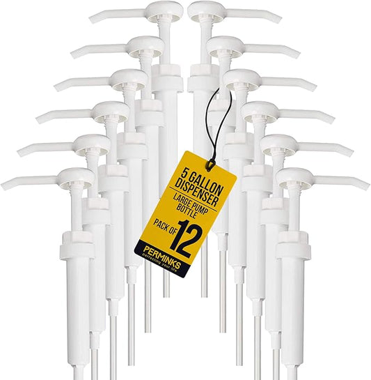 5 Gallon Pump Dispenser - Pump for 5 Gallon Bucket, Jug, Bottle, Large Container - Great for Shampoo & Conditioner, Laundry Detergent, Snow Cone Syrup, Bleach Liquid, Oil & More (Pack of 12)
