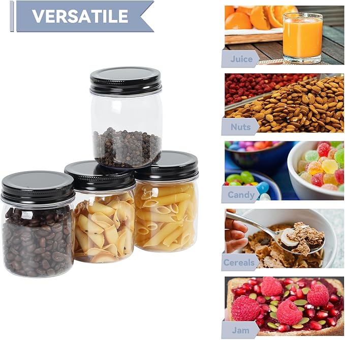novelinks 8 oz Clear Plastic Jars with Airtight Lids, 16 Pack Plastic Mason Jars with Lids 8oz, Refillable Storage Slime Containers & Small Spice Jar for Kitchen Organization (16 Pack,Black)